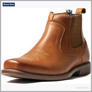 Men's Square Toe Leather Cowboy Boots Slip On Western Ankle Boots